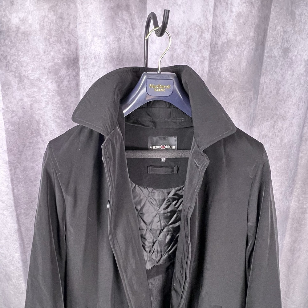 Viero Richi Men's Long Rain Overcoat Hooded Lined Black Size 42R - Picture 1 of 16